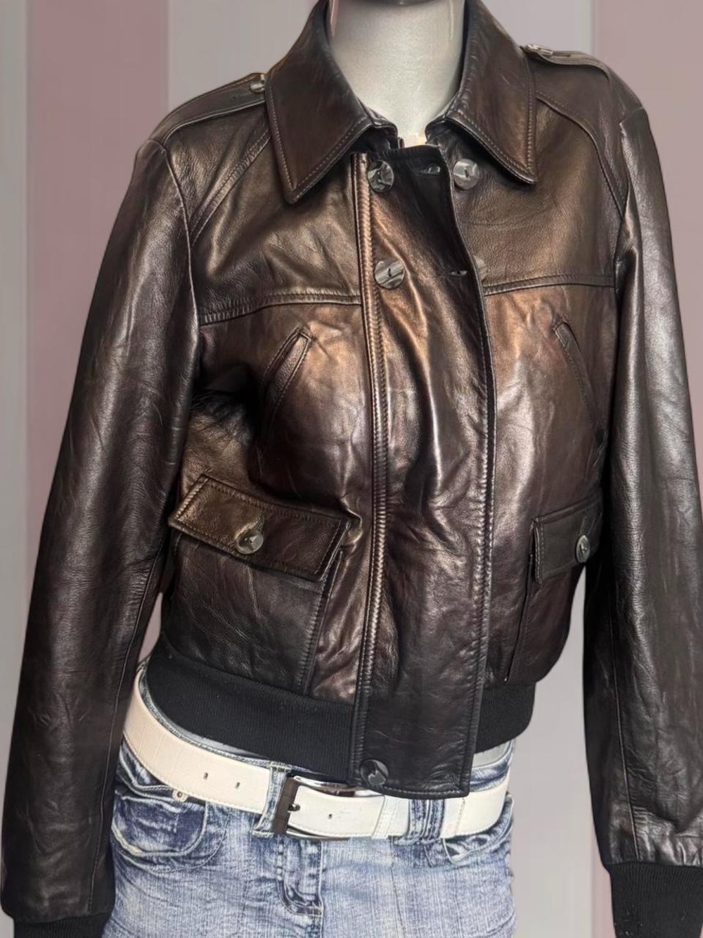 Genuine Leather Cropped Bomber Jacket